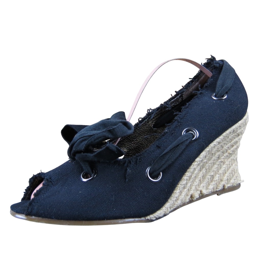 Restricted Women's Black Canvas Rope Wedge Heels 9 Peep Toe Lace-Up Espadrille